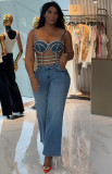 Women sexy bright diamond Denim suspender top