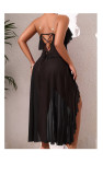 Mesh Deep V Back Lace-Up Nightgown High Slit Asymmetrical Pearl Embellished Loungewear