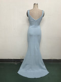 Women clothing cross pleated hollow mesh V Neck Formal Party evening dress
