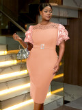 Embroidered Lace Short-Sleeve Satin Patchwork High-Slit Party Gown