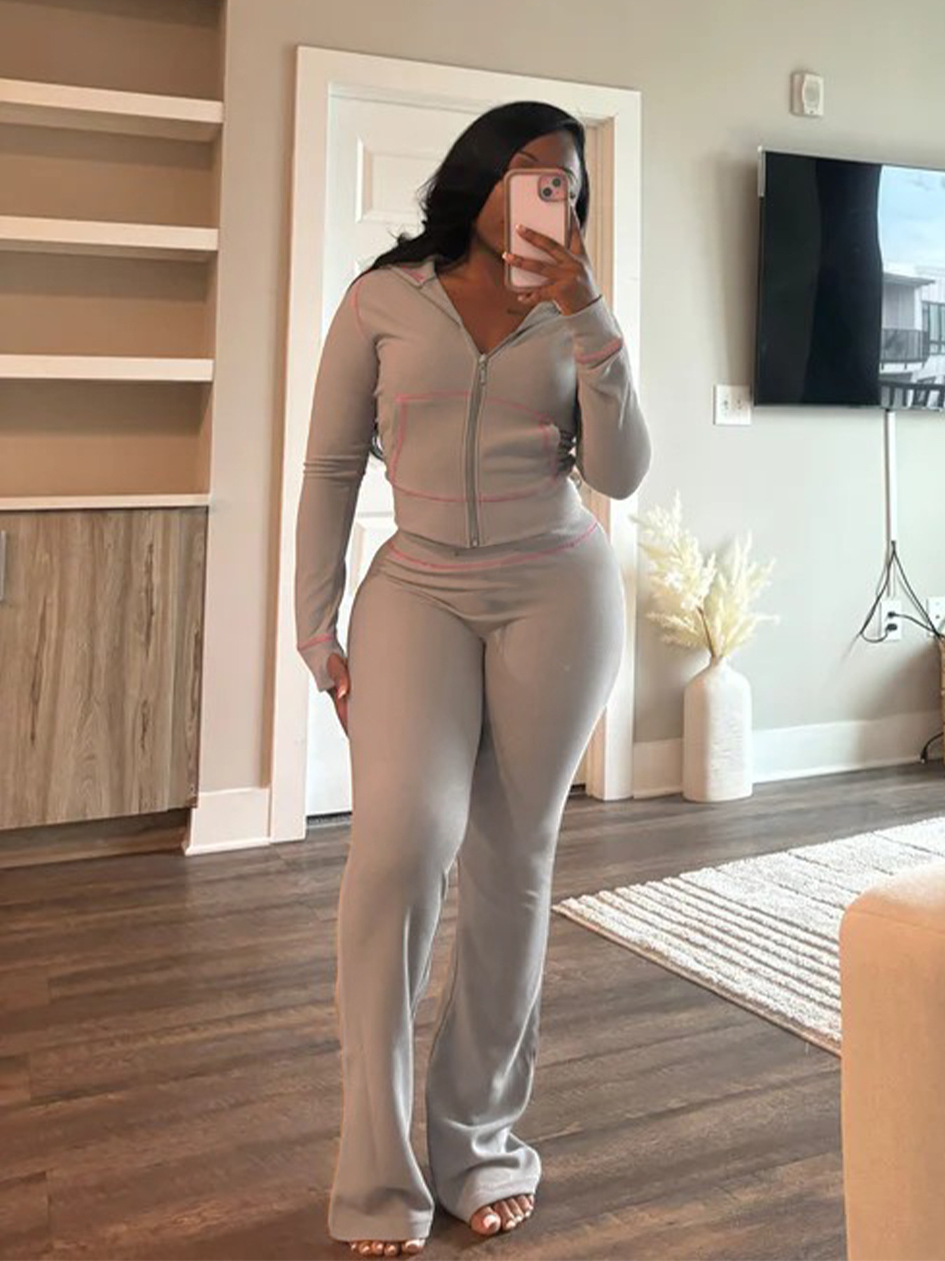 Women's Waffle texture hooded Bell Bottom Casual two piece pants set