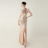 Women sequined sequined tube flower beaded sexy backless fishtail Formal Party evening dress