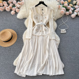 Women French Beaded Metal Button Square Collar Lace Patchwork Pleated Dress