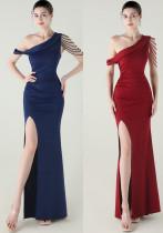 Women beaded one-shoulder satin fishtail pleated evening dress Women beaded one-shoulder satin fishtail pleated evening dress