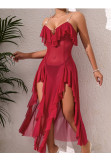 Mesh Deep V Back Lace-Up Nightgown High Slit Asymmetrical Pearl Embellished Loungewear