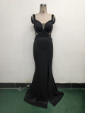 Women clothing cross pleated hollow mesh V Neck Formal Party evening dress