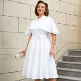 Plus Size White Belted Shirt Dress Cape Sleeve Button-Down A-Line Midi Dress