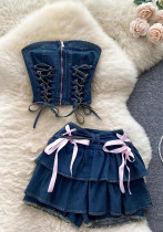 Women French Sexy Denim Lace-Up Sleeveless Strapless Top and Cake Skirt Two-Piece Set Women French Sexy Denim Lace-Up Sleeveless Strapless Top and Cake Skirt Two-Piece Set