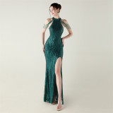 Women sequined sequined tube flower beaded sexy backless fishtail Formal Party evening dress