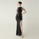 Women sequined sequined tube flower beaded sexy backless fishtail Formal Party evening dress