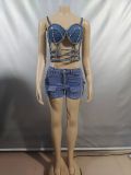 Women sexy bright diamond Denim suspender top