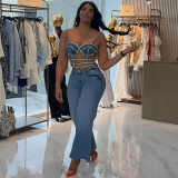 Women sexy bright diamond Denim suspender top