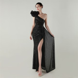 Women one-shoulder sequined flower beaded fishtail evening dress