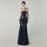 Women Strapless cross Lace-Up sequined tube flower sequined mesh evening dress Formal Party evening dress