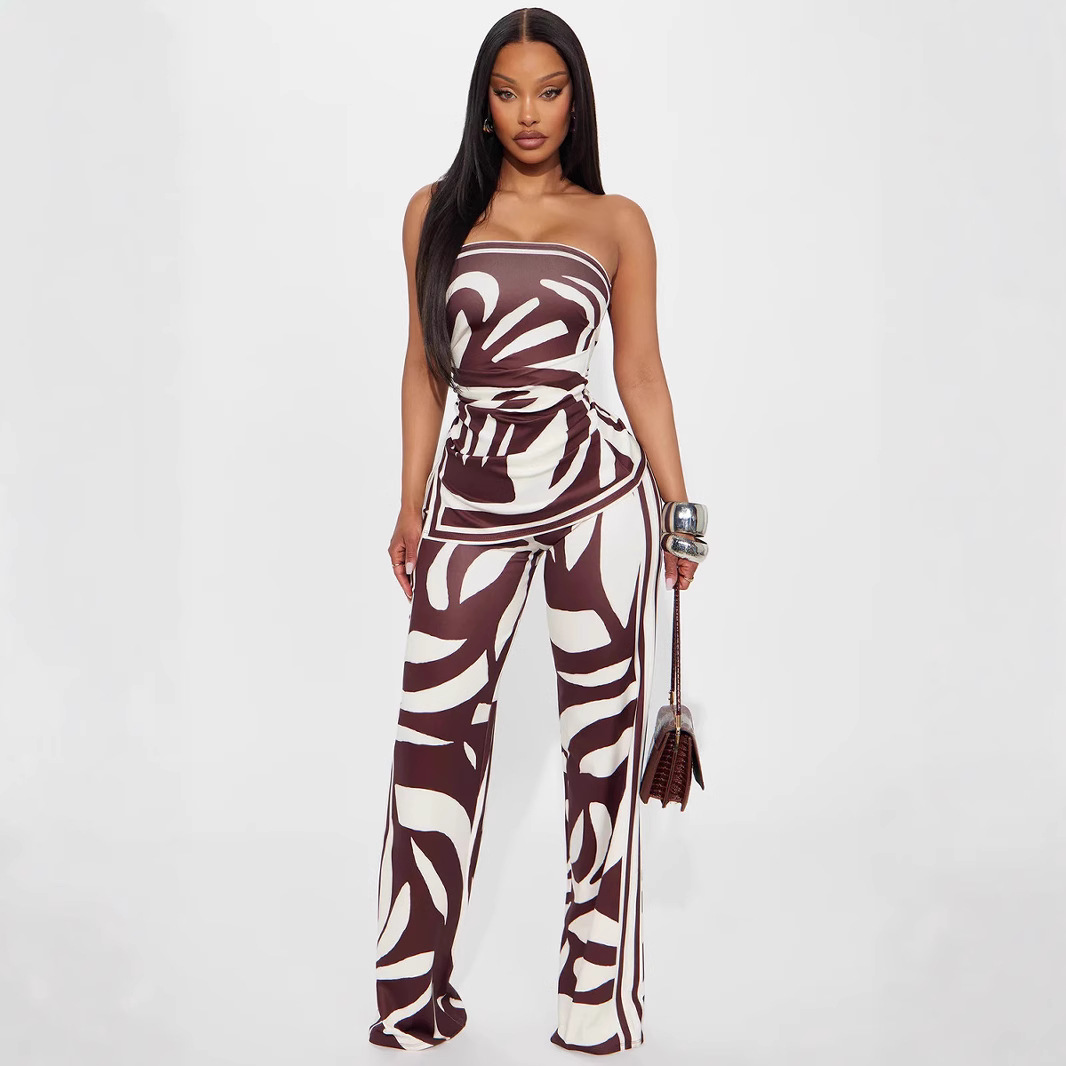 Women Sexy Slit Strapless Top Long Pants Two-piece Set