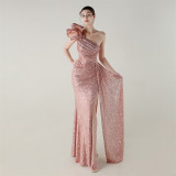 Women one-shoulder sequined flower beaded fishtail evening dress