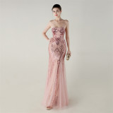 Women Strapless cross Lace-Up sequined tube flower sequined mesh evening dress Formal Party evening dress