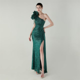 Women flower beaded one-shoulder Slash Shoulder fishtail evening dress