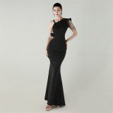 Women satin one-shoulder beaded Formal Party hollow ruffle fishtail evening dress