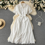 Women Turndown Collar Puff Sleeve Lace Hollow French Maxi Shirt Dress