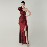 Women one-shoulder sequined flower beaded fishtail evening dress