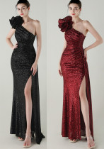 Women one-shoulder sequined flower beaded fishtail evening dress Women one-shoulder sequined flower beaded fishtail evening dress