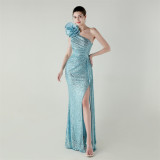 Women flower beaded one-shoulder Slash Shoulder fishtail evening dress