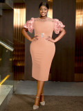 Embroidered Lace Short-Sleeve Satin Patchwork High-Slit Party Gown