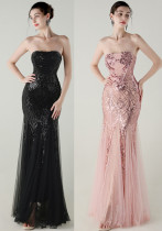 Women sequined mesh beaded tube flower Strapless fishtail skirt Formal Party evening dress