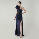Women flower beaded one-shoulder Slash Shoulder fishtail evening dress