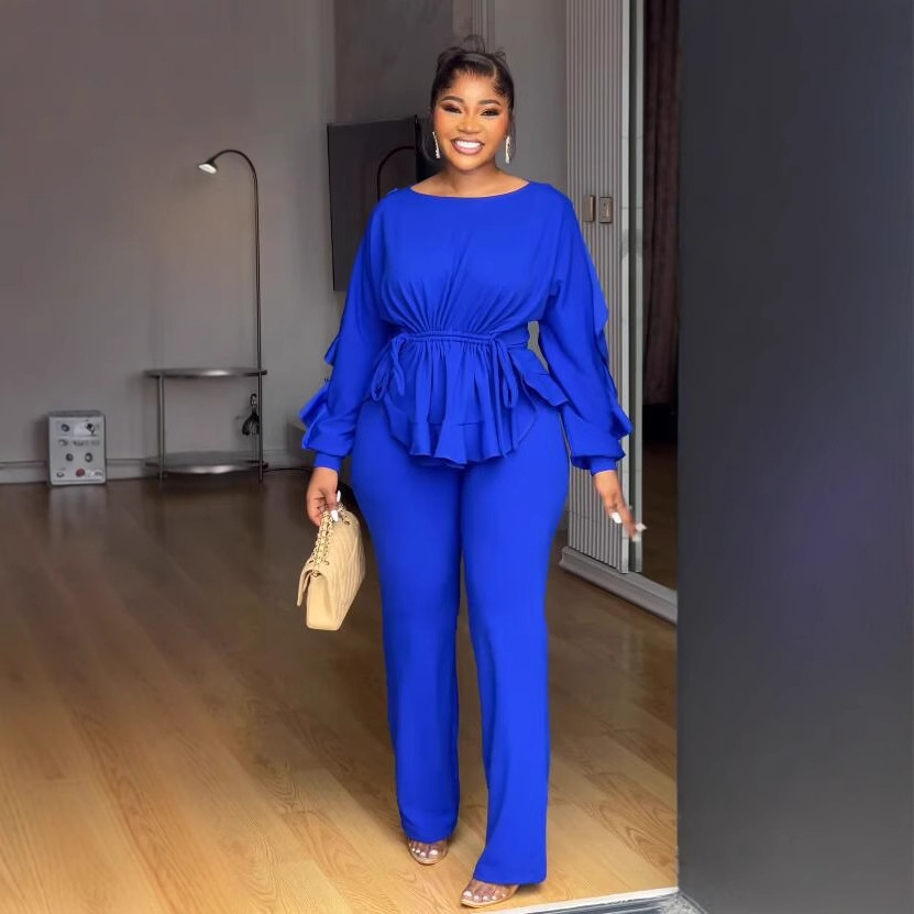 Women elegant lace drawstring long sleeve Top and Pants Two-piece Set