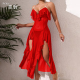 Mesh Deep V Back Lace-Up Nightgown High Slit Asymmetrical Pearl Embellished Loungewear