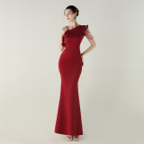 Women satin one-shoulder beaded Formal Party hollow ruffle fishtail evening dress