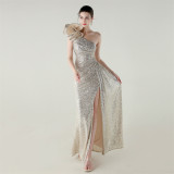 Women one-shoulder sequined flower beaded fishtail evening dress