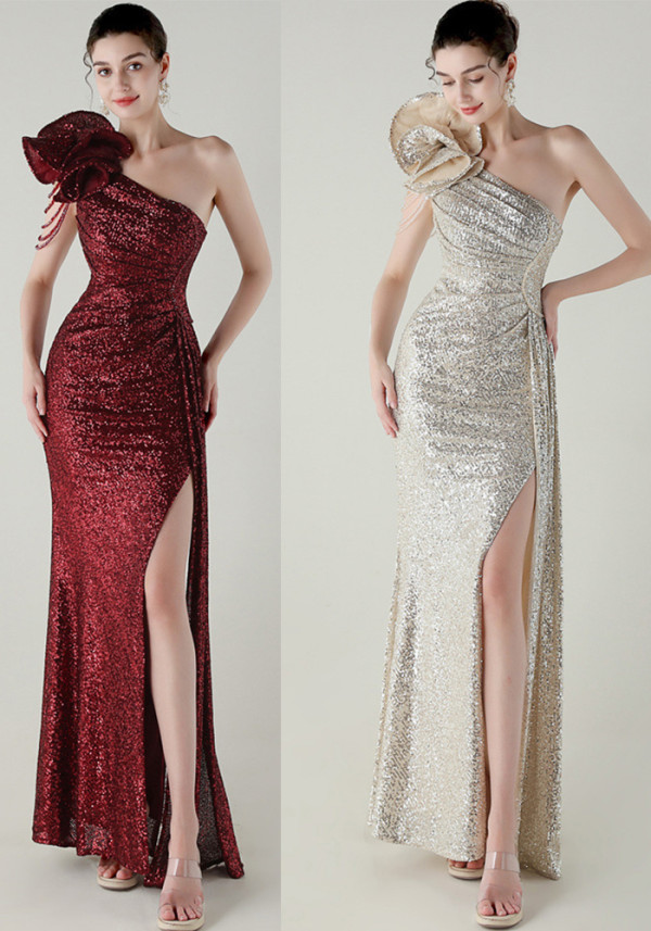 Women flower beaded one-shoulder Slash Shoulder fishtail evening dress