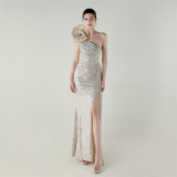 Women flower beaded one-shoulder Slash Shoulder fishtail evening dress