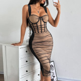 Women Patchwork See-Through Mesh Sexy Pleated Bodycon Dress