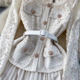 Women French Beaded Metal Button Square Collar Lace Patchwork Pleated Dress