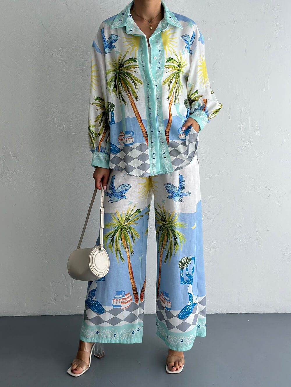 Women Style Printed Linen Long Sleeve Shirt and Pants Two-Piece Set