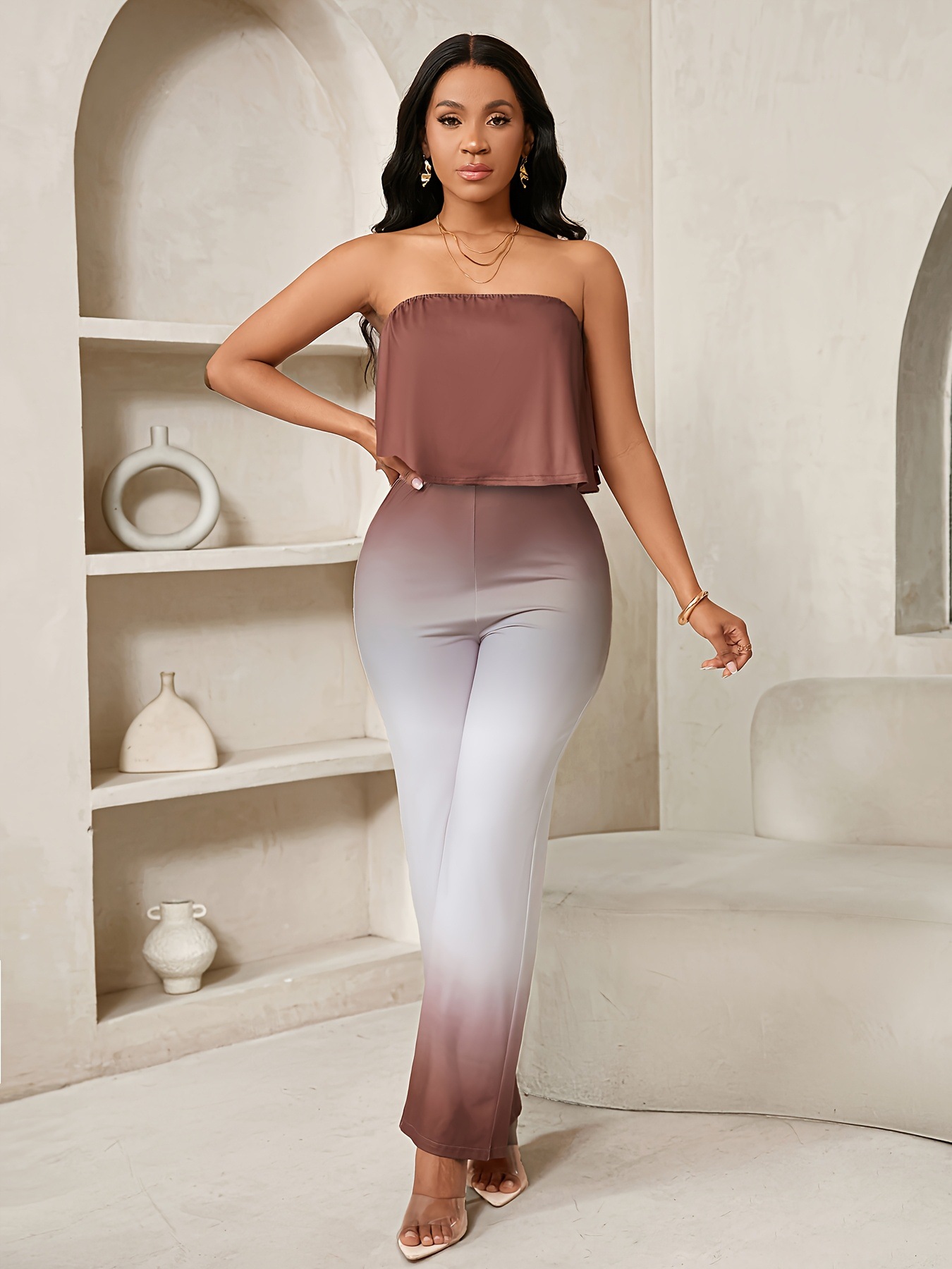Women Summer Solid Gradient Top and Pants Two-Piece Set