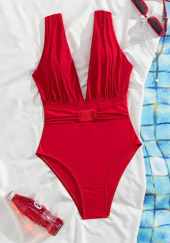 Women Solid V Neck Sexy Backless One-Piece Swimwear