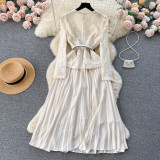 Women French Beaded Metal Button Square Collar Lace Patchwork Pleated Dress