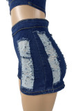 Women Stretch Ripped Strapless Denim Top and Denim Shorts Set of Two