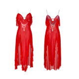 Mesh Deep V Back Lace-Up Nightgown High Slit Asymmetrical Pearl Embellished Loungewear