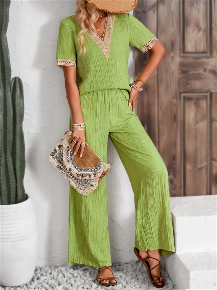 Two-Piece Lace Trim V-Neck Short-Sleeve Top & Wide-Leg Casual Pants Set