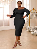 Solid Color Bell-Sleeve Back Slit Elegant Evening Gown