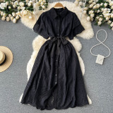 Women Turndown Collar Puff Sleeve Lace Hollow French Maxi Shirt Dress