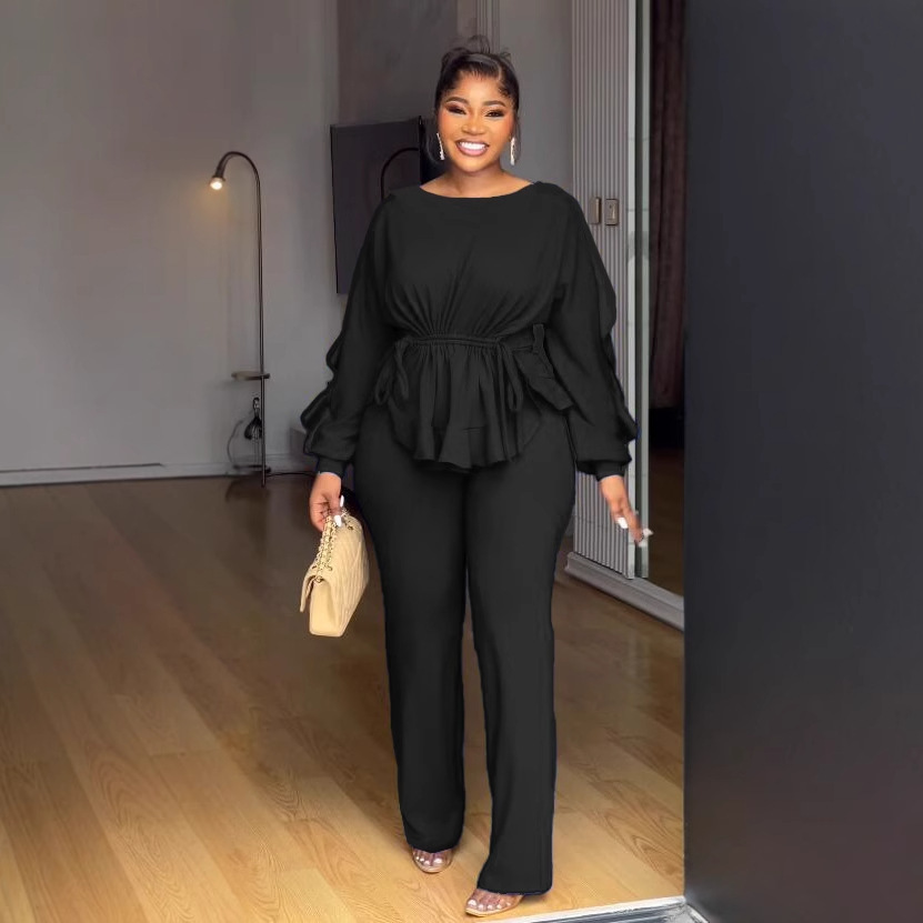 Women elegant lace drawstring long sleeve Top and Pants Two-piece Set