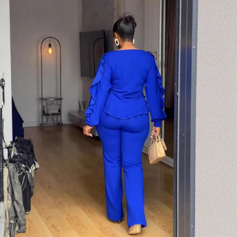 Women elegant lace drawstring long sleeve Top and Pants Two-piece Set