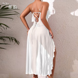 Mesh Deep V Back Lace-Up Nightgown High Slit Asymmetrical Pearl Embellished Loungewear